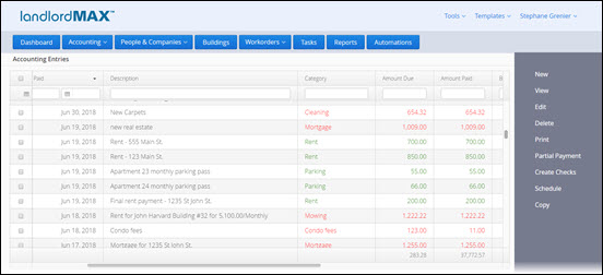LandlordMAX 'SOHO' Network version Accounting Screen