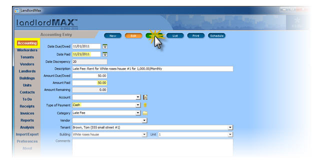 LandlordMax Property Management Software: accept late fee