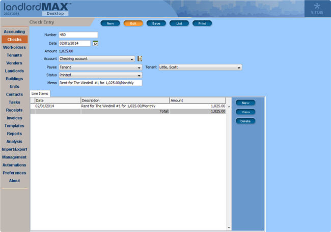 LandlordMax Property Management Software New Feature Screenshot: Check data entry screen