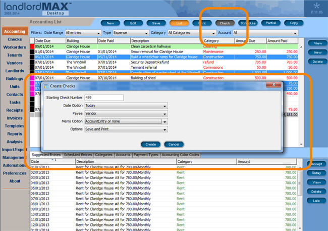 LandlordMax Property Management Software New Feature Screenshot: Create checks from Accounting Entries