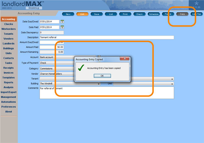 LandlordMax Property Management Software New Feature Screenshot: Copy Accounting Entries