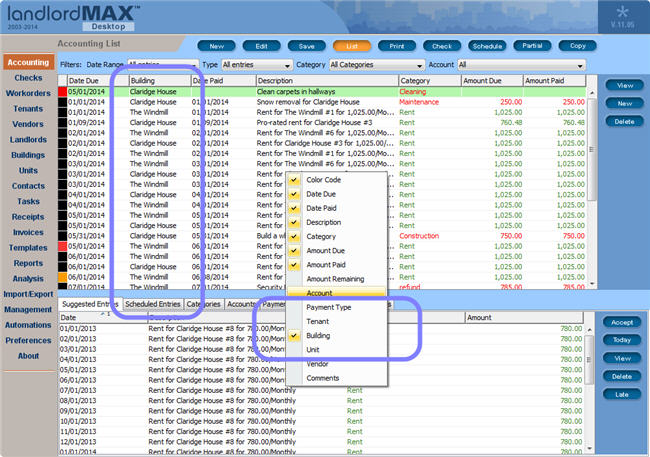 LandlordMax Property Management Software New Feature Screenshot: Customize accounting entries view