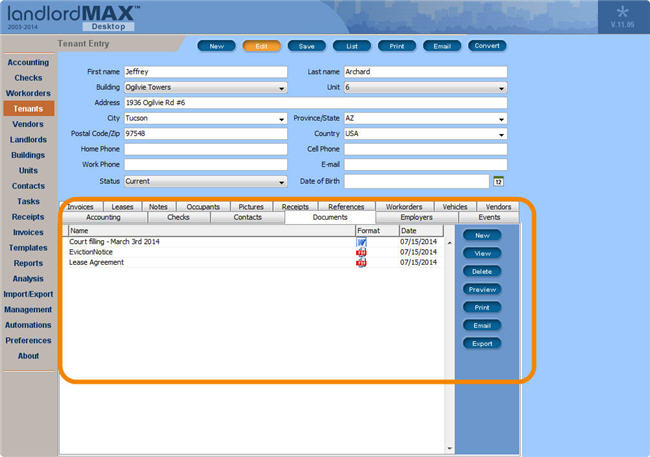 LandlordMax Property Management Software New Feature Screenshot: Document Support