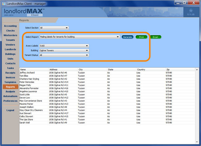 LandlordMax Property Management Software New Feature Screenshot: Mailing Labels Create