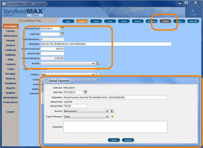 LandlordMax Property Management Software New Feature Screenshot: Partial Payment