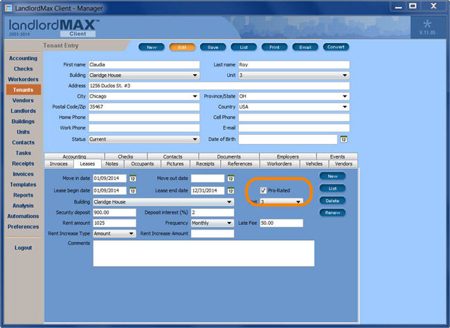 LandlordMax Property Management Software New Feature Screenshot: Pro-rated rents