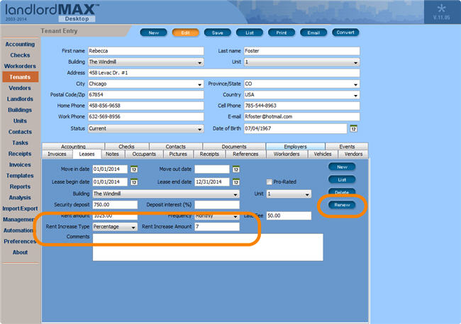 LandlordMax Property Management Software New Feature Screenshot: Renew lease