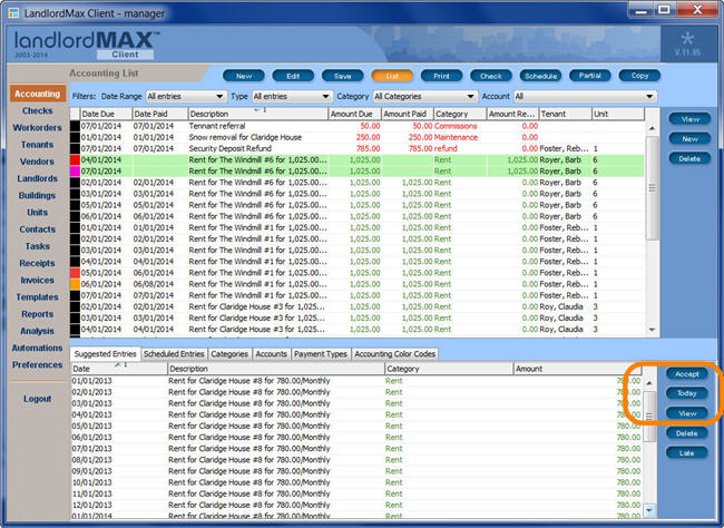 LandlordMax Property Management Software New Feature Screenshot: Today Button For Suggested Entries