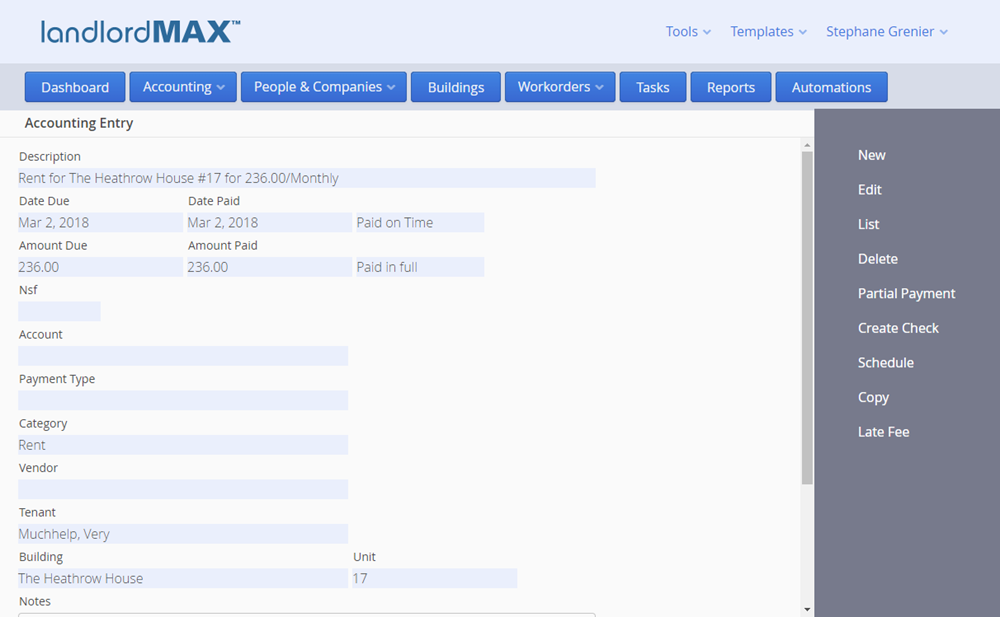 LandlordMax Property Management Software - Cloud Edition Accounting Entries Data View