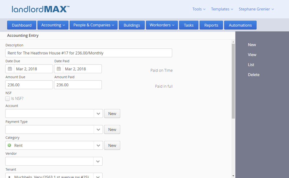 LandlordMax Rental Property Software - Cloud Edition Accounting Entry Form View