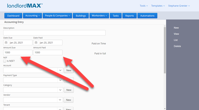 LandlordMax Property Management Software: New Accounting Entry Amounts