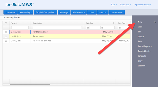 LandlordMax Property Management Software: New Accounting Entry Button