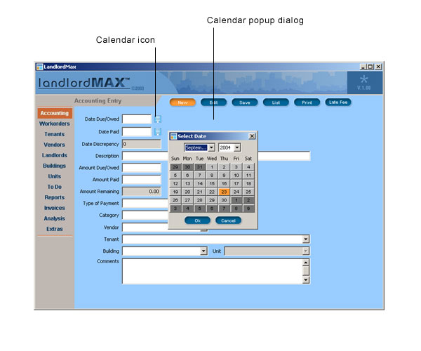 LandlordMax Property Management Software User Manual Screenshot: Calendar