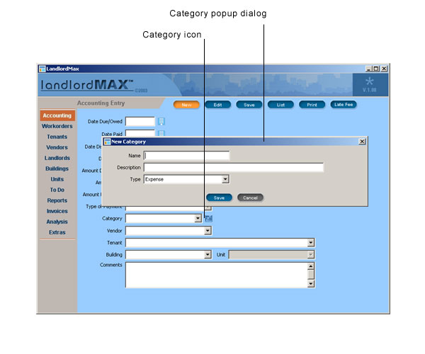 LandlordMax Property Management Software User Manual Screenshot: Category Popup Dialog