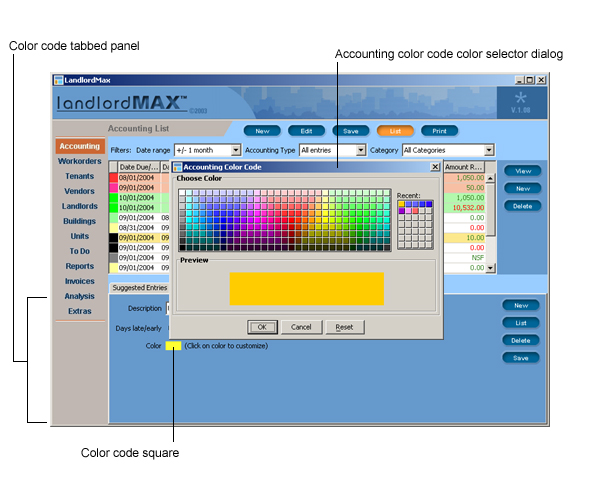 LandlordMax Property Management Software User Manual Screenshot: Accouting Color Codes