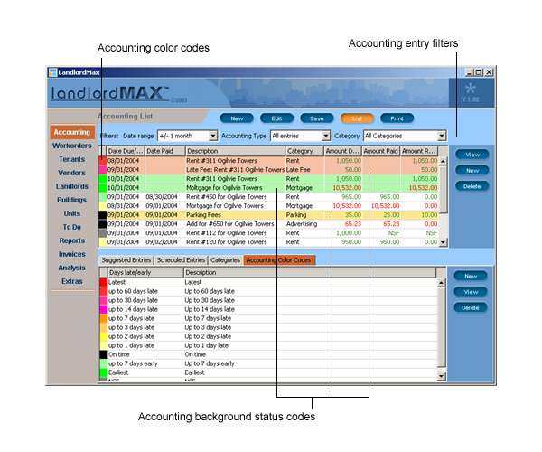 LandlordMax Property Management Software User Manual Screenshot: Accounting Color Code List