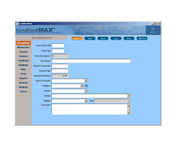 LandlordMax Property Management Software User Manual Screenshot: New Accounting Entry