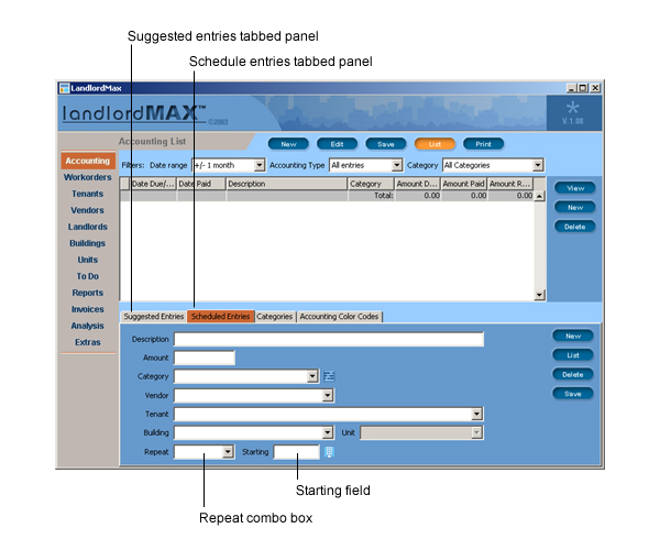 LandlordMax Property Management Software User Manual Screenshot: New Scheduled Accounting Entry