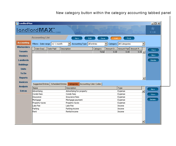 LandlordMax Property Management Software User Manual Screenshot: New Category