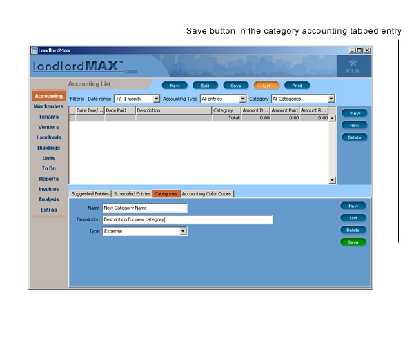 LandlordMax Property Management Software User Manual Screenshot: Save Category
