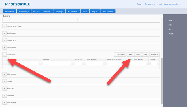 LandlordMax Property Management Software: Add Landlord to Building