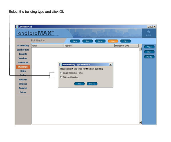 LandlordMax Property Management Software User Manual Screenshot: New Building