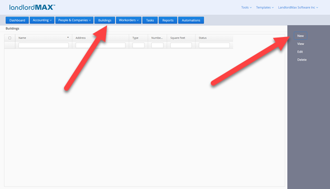 LandlordMax Property Management Software: New Building Button