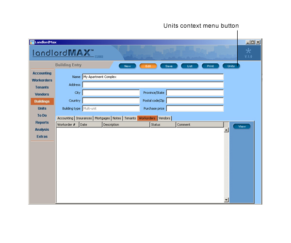 LandlordMax Property Management Software User Manual Screenshot: Units Context Menu