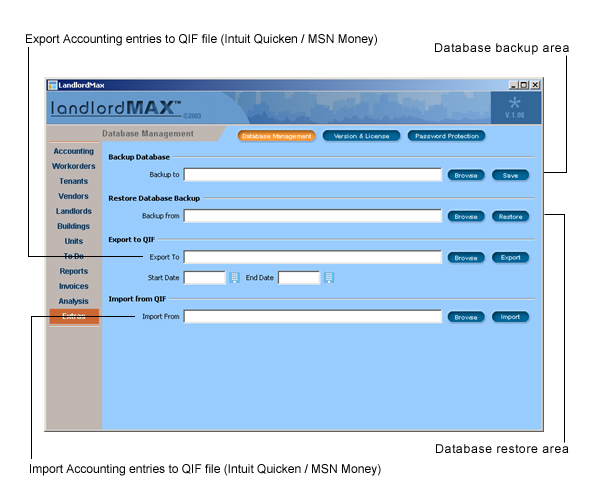LandlordMax Property Management Software User Manual Screenshot: Database Interface