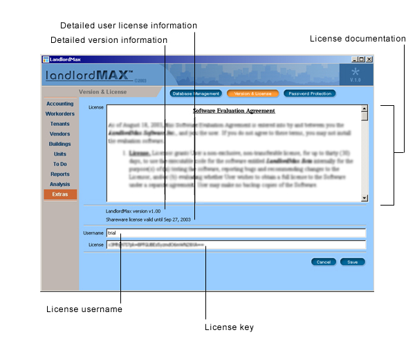 LandlordMax Property Management Software User Manual Screenshot: License And Version