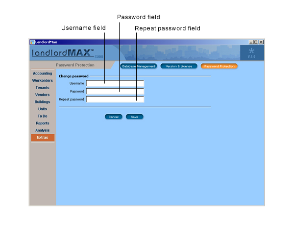 LandlordMax Property Management Software User Manual Screenshot: Password Protection