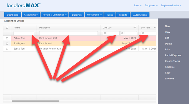 LandlordMax Property Management Software: Data Filters