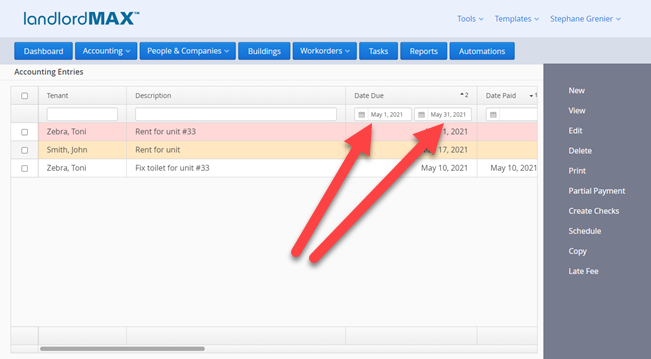 LandlordMax Property Management Software: Date Search