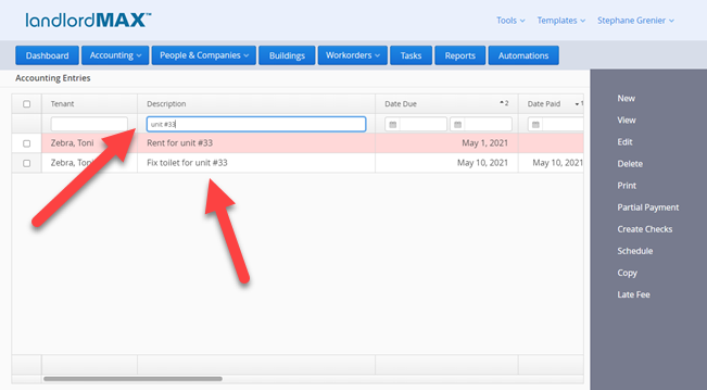 LandlordMax Property Management Software: Text Search