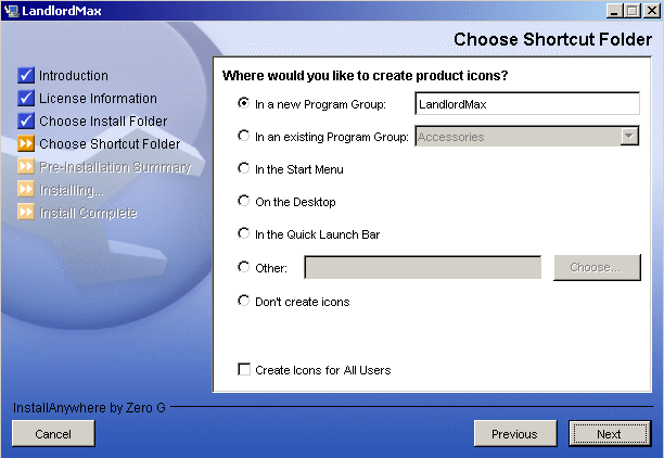 LandlordMax Property Management Software User Manual Screenshot: Choose Shortcut Page