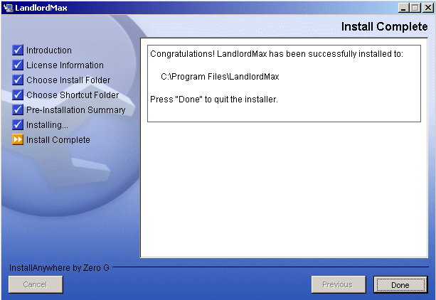 LandlordMax Property Management Software User Manual Screenshot: Install Final Page