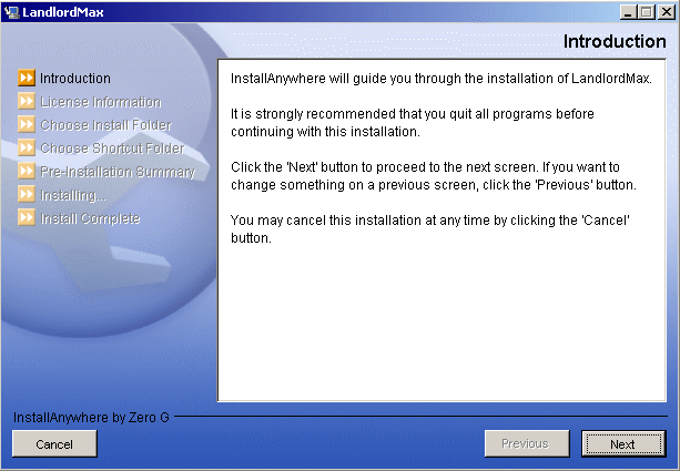 LandlordMax Property Management Software User Manual Screenshot: Install First Page