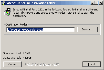 LandlordMax Property Management Software User Manual Screenshot: Install Patch First Page