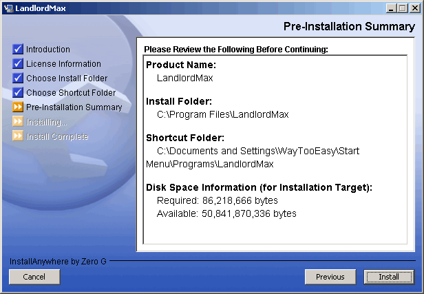LandlordMax Property Management Software User Manual Screenshot: Pre-Install Summary