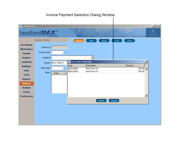 LandlordMax Property Management Software User Manual Screenshot: Add Payment to Invoice