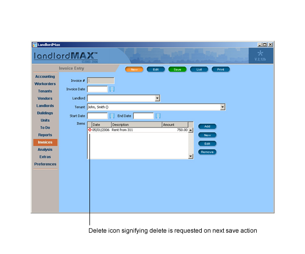 LandlordMax Property Management Software User Manual Screenshot: Delete Payment from Invoice