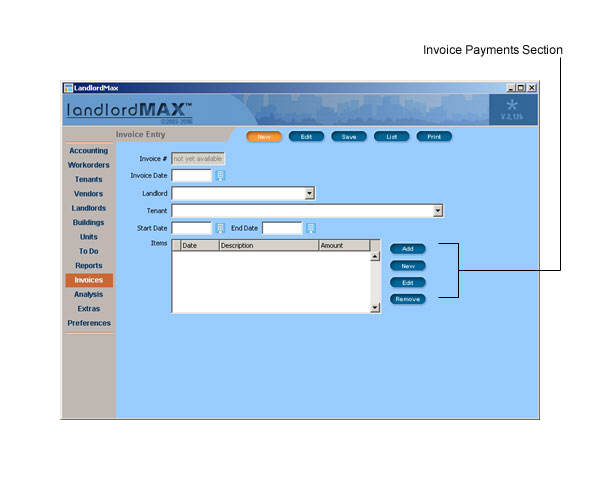 LandlordMax Property Management Software User Manual Screenshot: New Invoice Entry