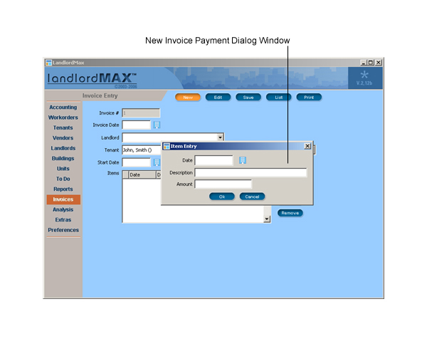 LandlordMax Property Management Software User Manual Screenshot: New Payment to Invoice