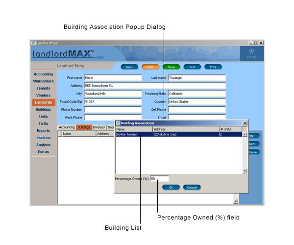 LandlordMax Property Management Software User Manual Screenshot: Building Landlord Association