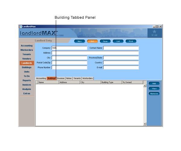 LandlordMax Property Management Software User Manual Screenshot: New Building Landlord Association
