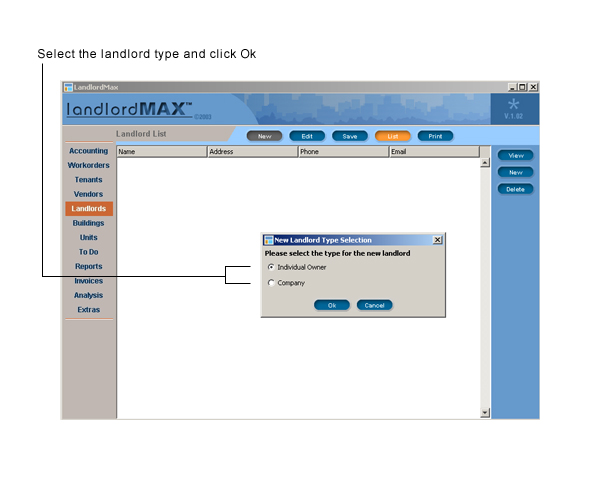 LandlordMax Property Management Software User Manual Screenshot: New Landlord Entry