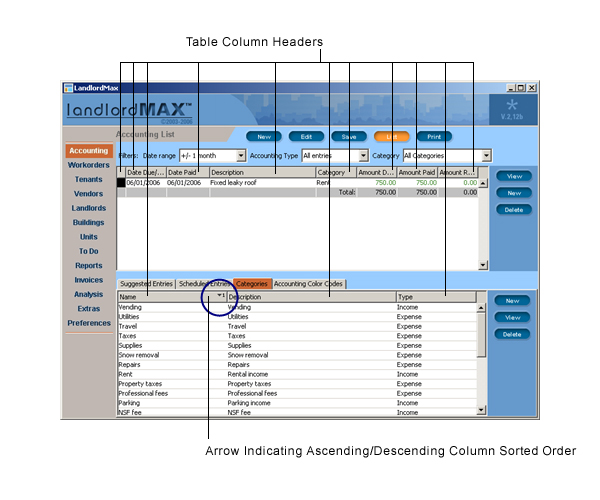 LandlordMax Property Management Software User Manual Screenshot: Table Sorting