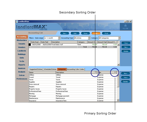 LandlordMax Property Management Software User Manual Screenshot: Table Sorting Order