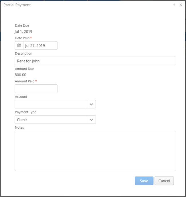 LandlordMax Property Management Software: Partial Payment Popup Window