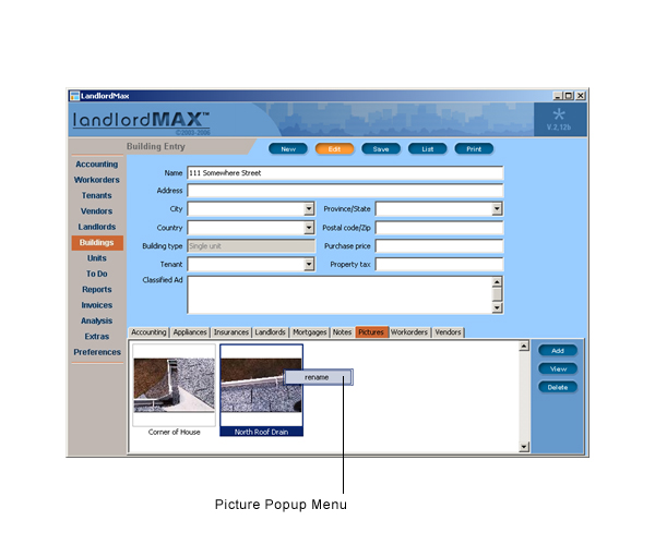 LandlordMax Property Management Software User Manual Screenshot: Picture Popup Menu